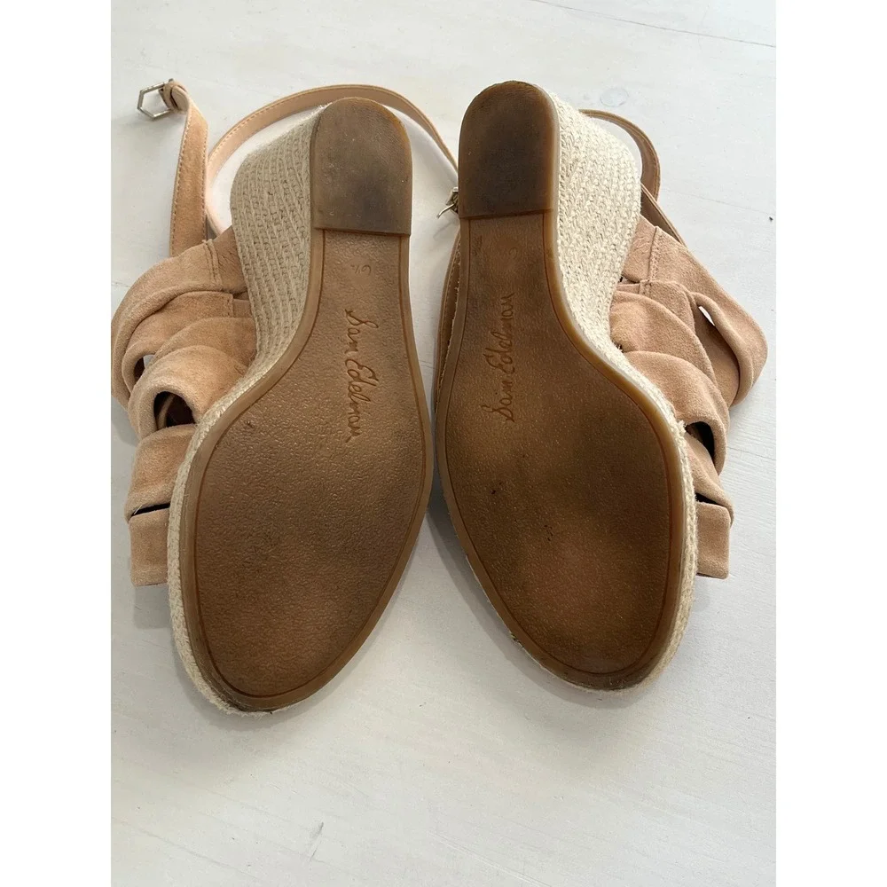 Sam Edelman Tan Suede Espadrille Wedge Sandals Bow Ankle Strap Women Size 6.5M‎